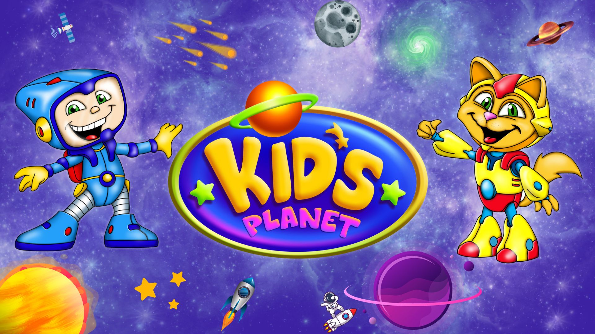 imagem com os personagens e logomarca do kids planet buffet infantil em jundiaí sp